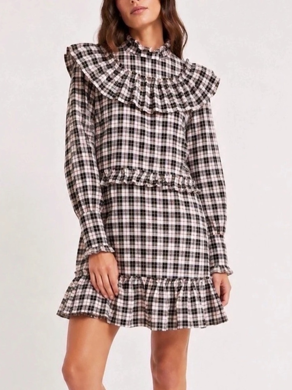 GANNI Charron Gingham Ruffle Mini Dress Pink Black Plaid Prairie Size 36 Small